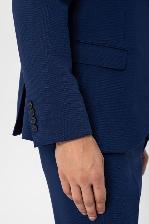 Lacivert Slim Armürlü Mono Yaka 6 Drop                                                       Yelekli Takım Elbise