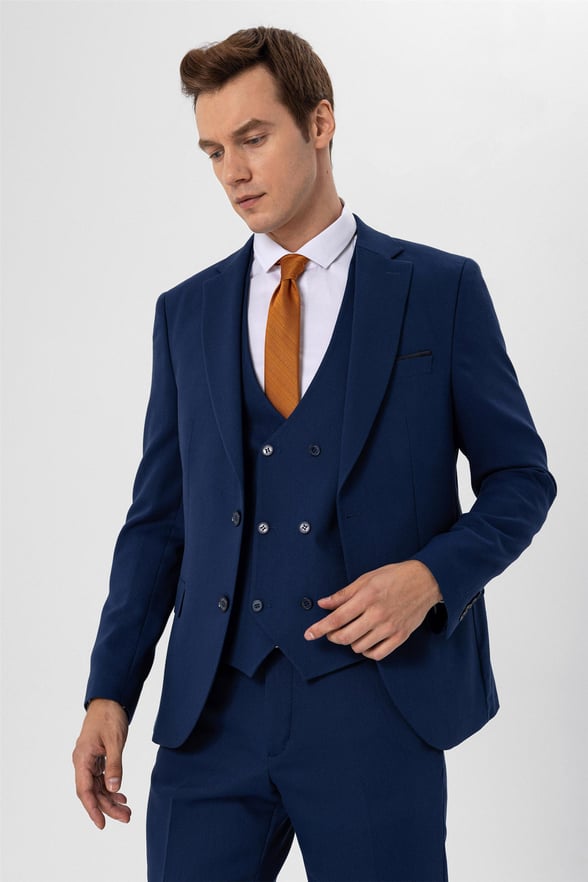 Lacivert Slim Armürlü Mono Yaka 6 Drop                                                       Yelekli Takım Elbise