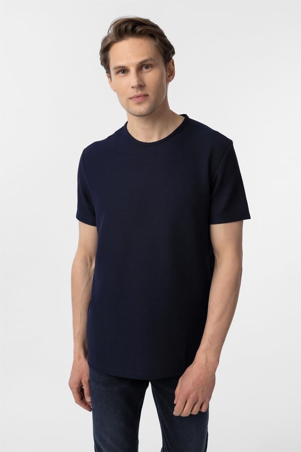 Lacivert Slim Armürlü O Yaka Tişört