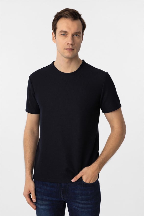 Lacivert Slim Armürlü O Yaka Tişört