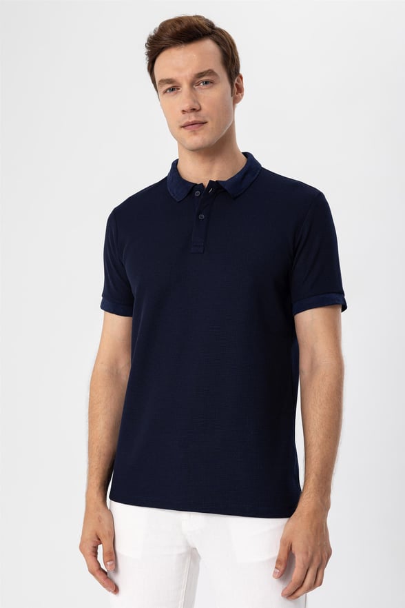Lacivert Slim Armürlü Polo Yaka  Tişört