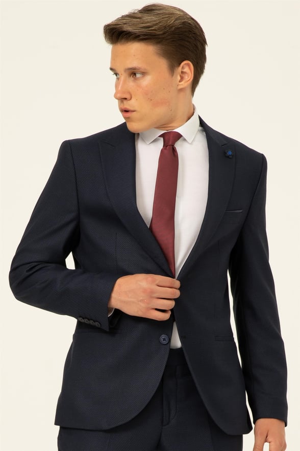 Lacivert Slim Armürlü Sivri Yaka 6 Drop                                                       Takım Elbise
