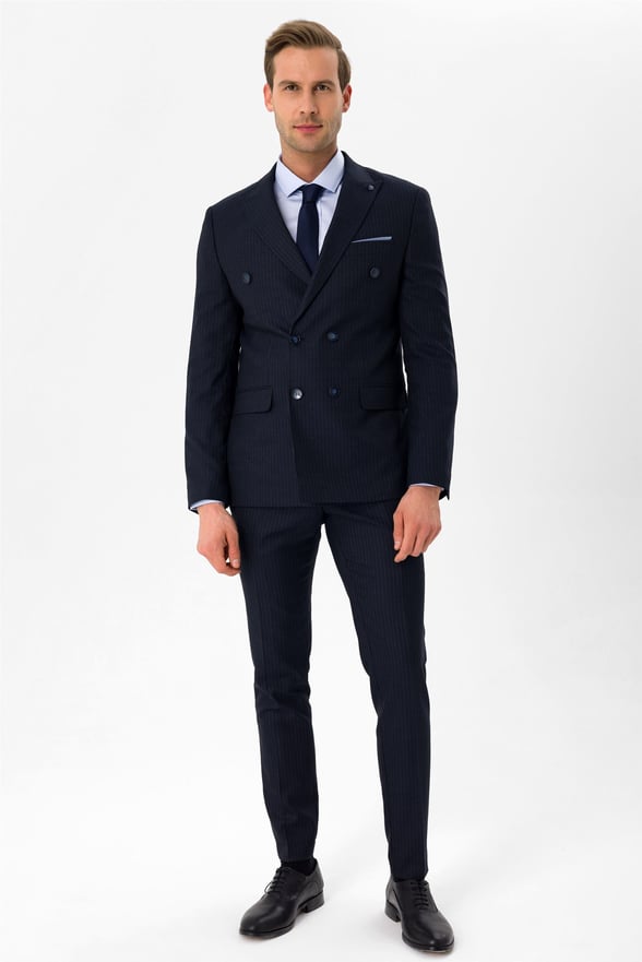 Lacivert Slim Armürlü Sivri Yaka 6 Drop                                                       Takım Elbise