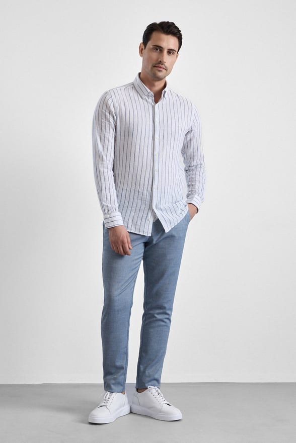Lacivert Slim Çizgili Düğmeli Yaka Casual Gömlek