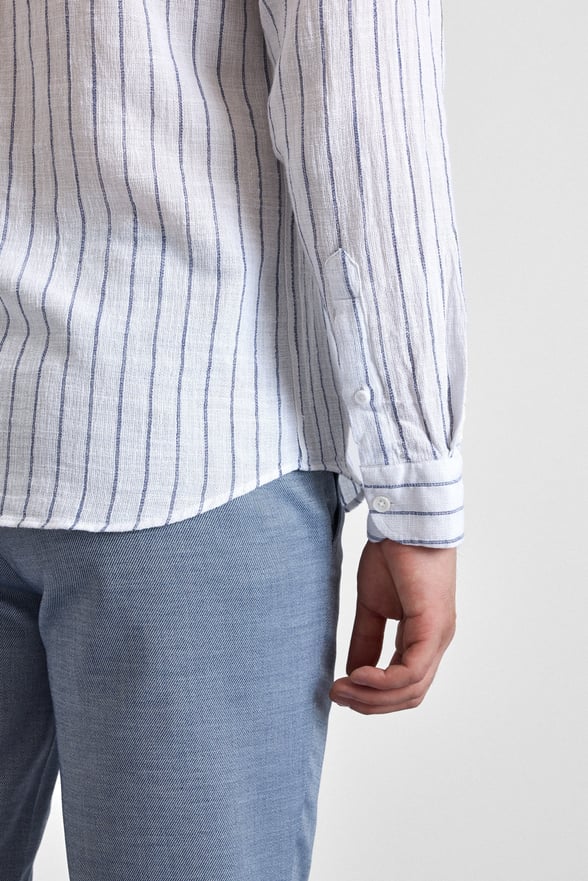 Lacivert Slim Çizgili Düğmeli Yaka Casual Gömlek