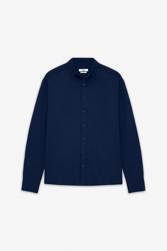 Lacivert Slim Düğmeli Yaka Düz Uzun Kollu Casual Gömlek