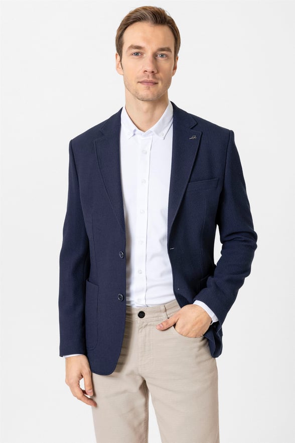 Lacivert Slim Düz Mono Yaka 6 Drop Ceket