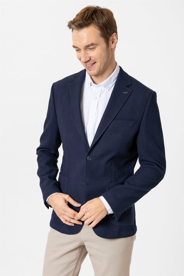Lacivert Slim Düz Mono Yaka 6 Drop Ceket