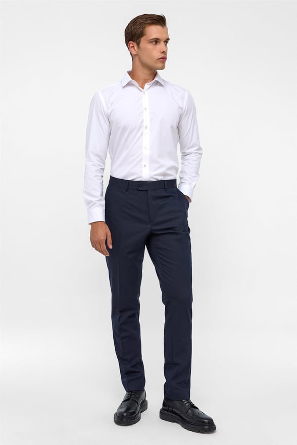 Lacivert Slim Fit Armürlü Kumaş Pantolon