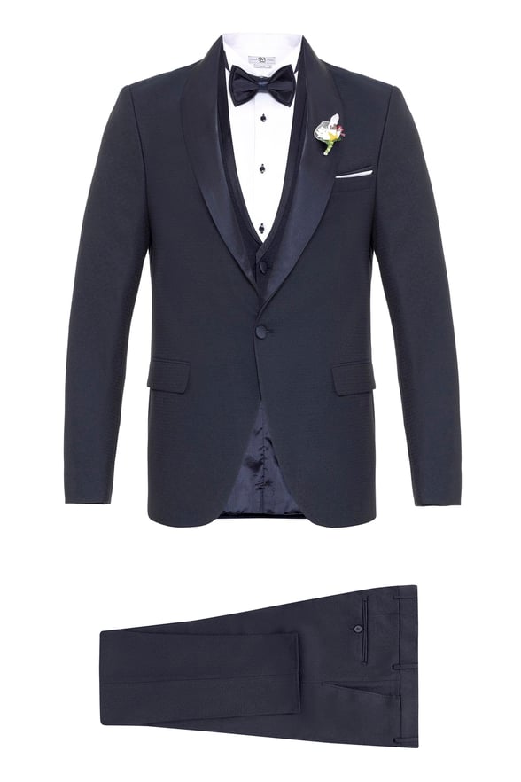 Lacivert Slim Fit Armürlü Mono Yaka 6 Drop Smokin & Damatlık