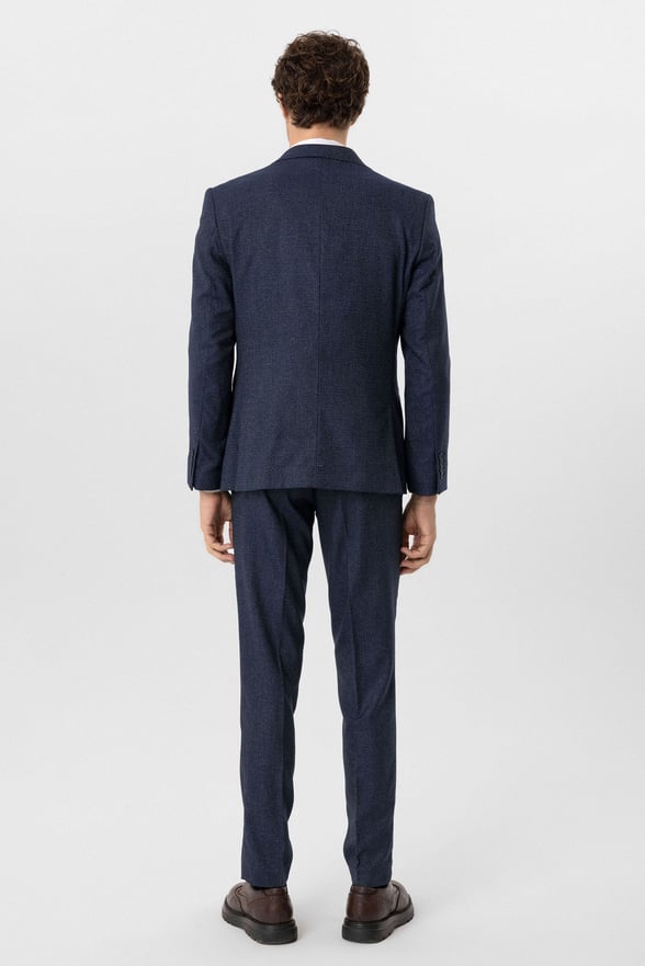 Lacivert Slim Fit Desenli Sivri Yaka 6 Drop Yelekli Klasik Takım Elbise