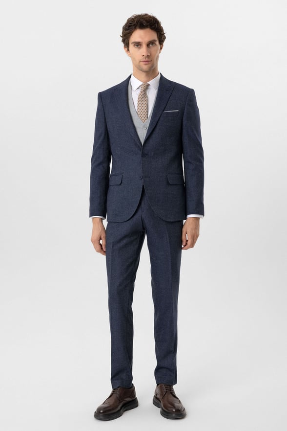 Lacivert Slim Fit Desenli Sivri Yaka 6 Drop Yelekli Klasik Takım Elbise