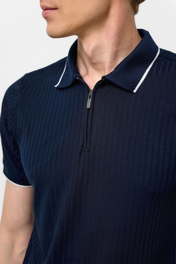 Lacivert Slim Fitilli Polo Yaka Tişört