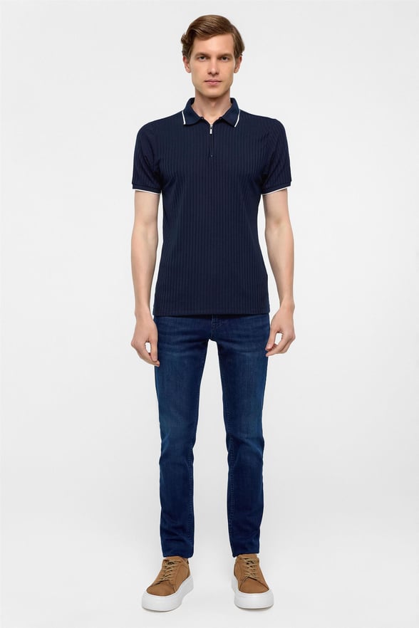 Lacivert Slim Fitilli Polo Yaka Tişört