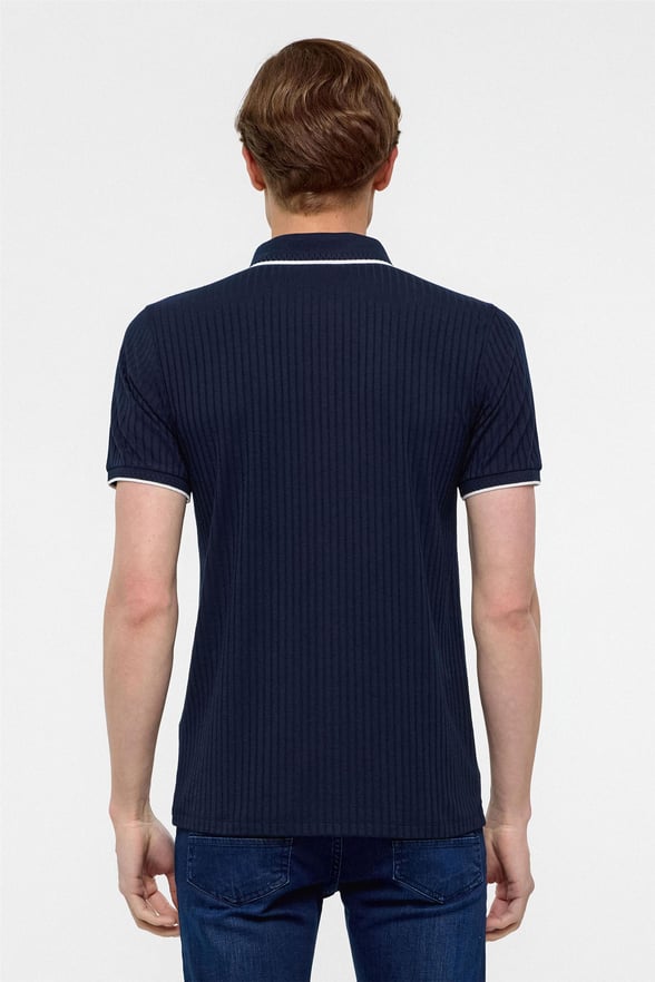 Lacivert Slim Fitilli Polo Yaka Tişört
