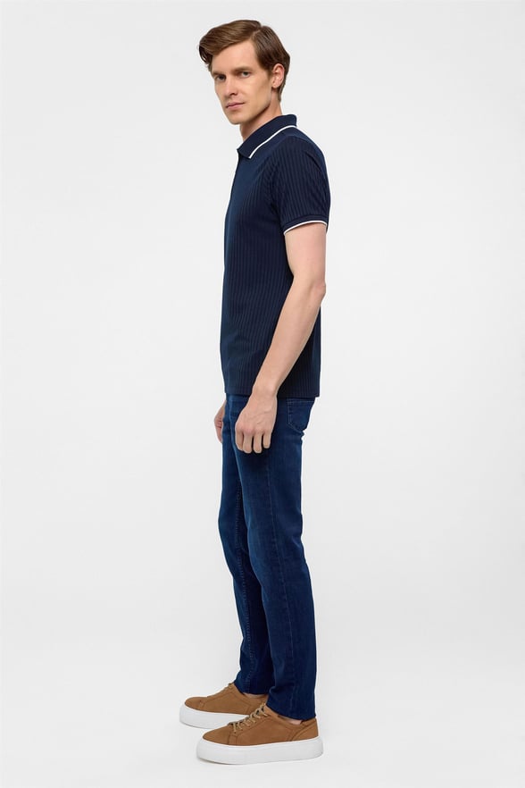 Lacivert Slim Fitilli Polo Yaka Tişört