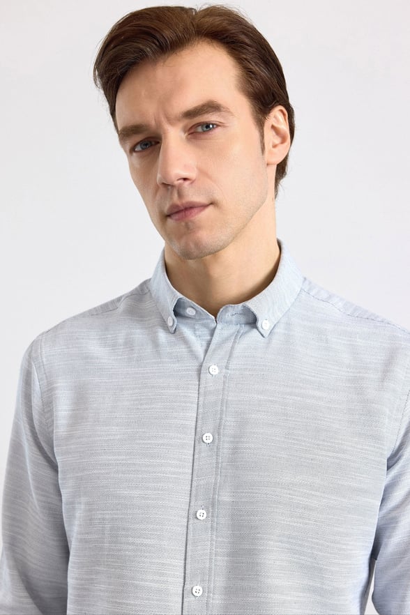 Lacivert Slim Klasik Yaka Düz Cepsiz Düğmeli Uzun Kollu Standart Casual Gömlek