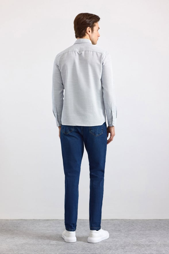 Lacivert Slim Klasik Yaka Düz Cepsiz Düğmeli Uzun Kollu Standart Casual Gömlek