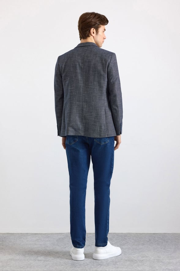 Lacivert Slim Mono Yaka Düz Pike Torba Cep Yıkamalı 6 Drop Klasik Ceket