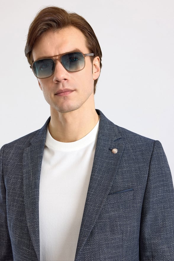 Lacivert Slim Mono Yaka Düz Pike Torba Cep Yıkamalı 6 Drop Klasik Ceket