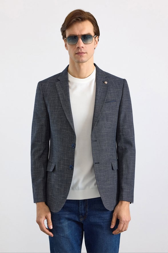 Lacivert Slim Mono Yaka Düz Pike Torba Cep Yıkamalı 6 Drop Klasik Ceket