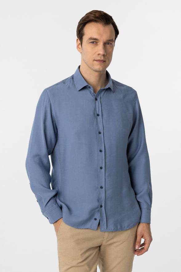 Mavi Slim Fit Düz Klasik Yaka Gömlek
