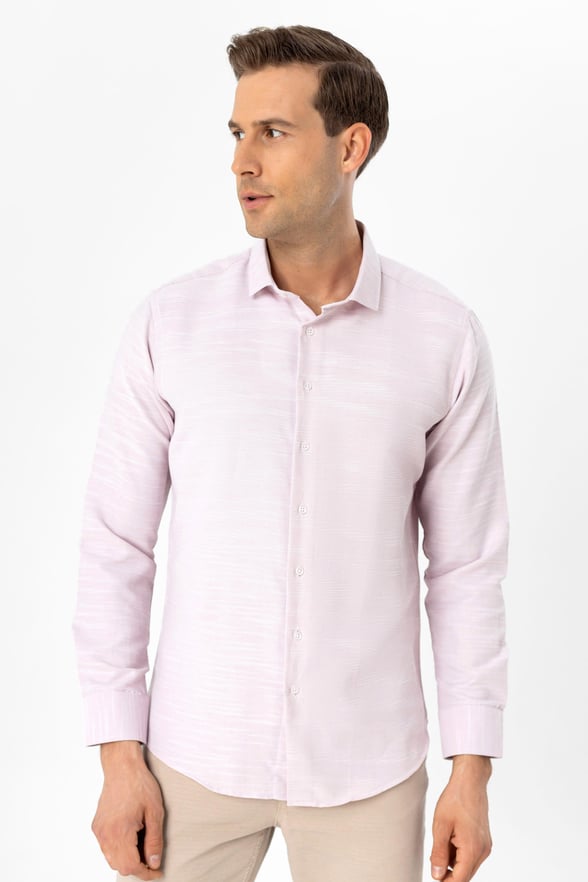 Pembe Slim Fit Armürlü Klasik Yaka Gömlek