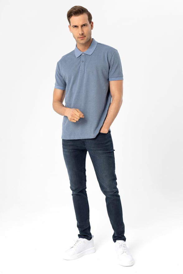 Saks Mavi Regular Armürlü Polo Yaka Tişört