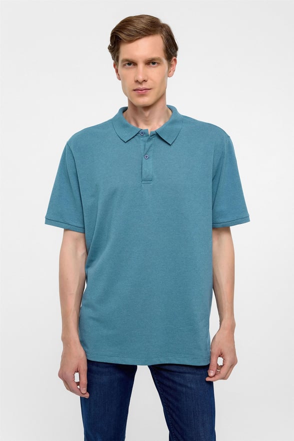 Saks Mavi Regular Armürlü Polo Yaka Tişört