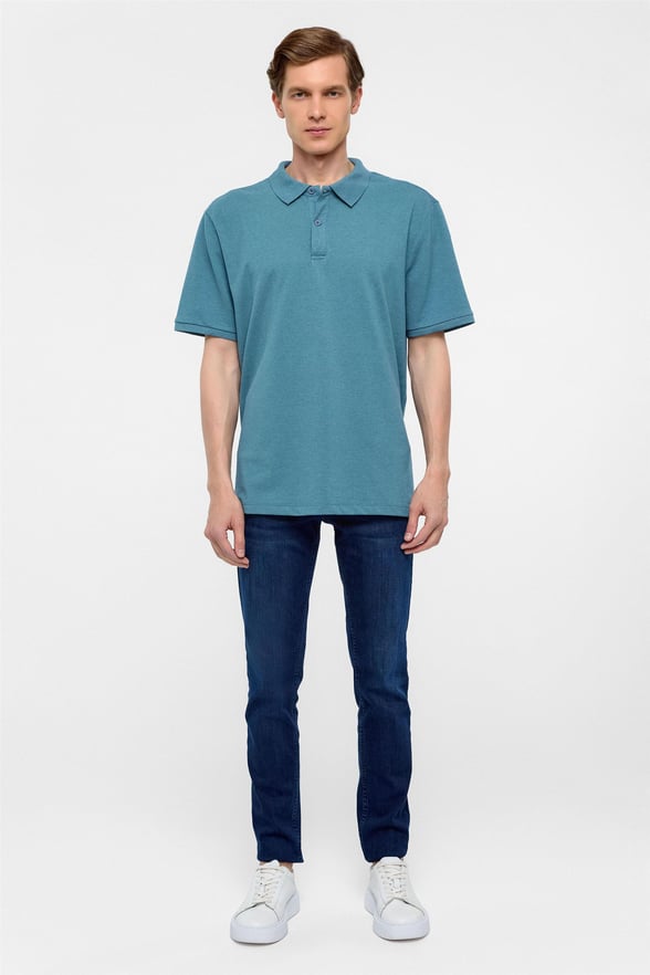 Saks Mavi Regular Armürlü Polo Yaka Tişört