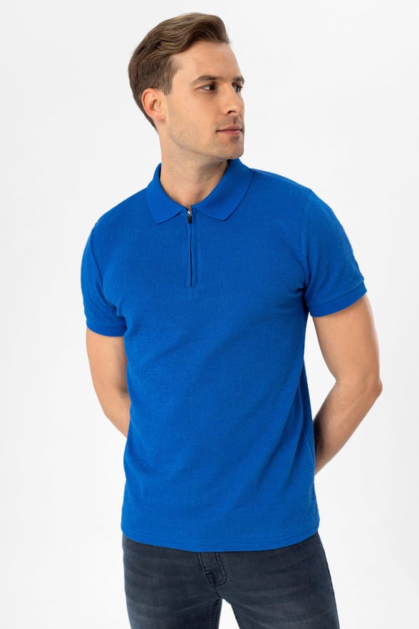 Saks Mavi Slim Armürlü Polo Yaka Tişört