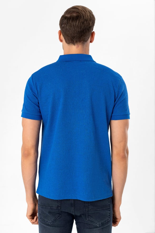Saks Mavi Slim Armürlü Polo Yaka Tişört