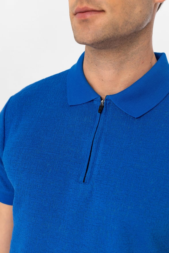 Saks Mavi Slim Armürlü Polo Yaka Tişört