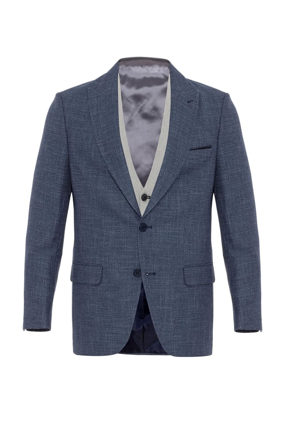 Saks Mavi Slim Armürlü Sivri Yaka 6 Drop Yelekli Takım Elbise