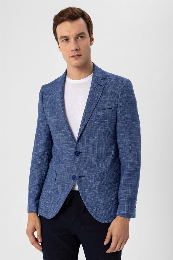 Saks Mavi Slim Armürlü Sivri Yaka 6 Drop                                                       Ceket