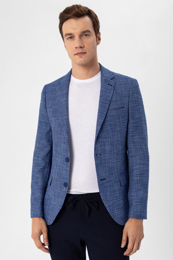Saks Mavi Slim Armürlü Sivri Yaka 6 Drop                                                       Ceket