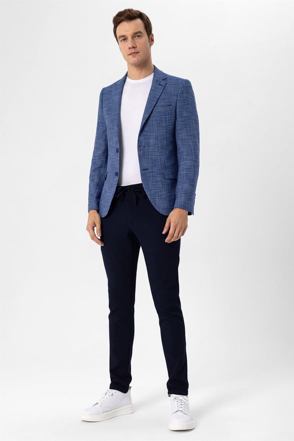 Saks Mavi Slim Armürlü Sivri Yaka 6 Drop                                                       Ceket