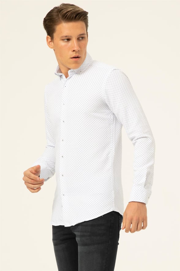 Saks Mavi Slim Baskılı Düğmeli Yaka  Gömlek