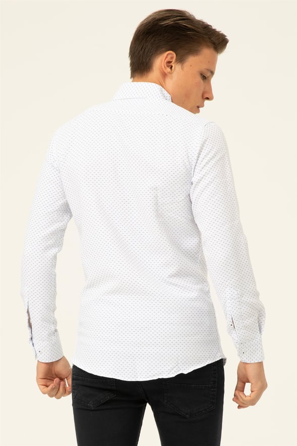 Saks Mavi Slim Baskılı Düğmeli Yaka  Gömlek