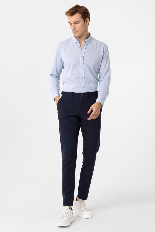 Saks Mavi Slim Fit Armürlü Düğmeli Yaka Gömlek
