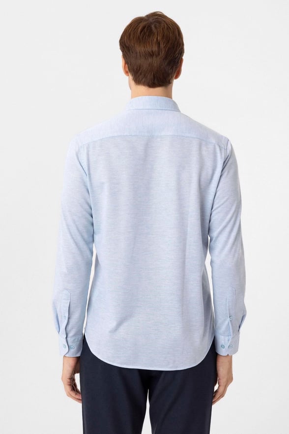 Saks Mavi Slim Fit Armürlü Düğmeli Yaka Gömlek