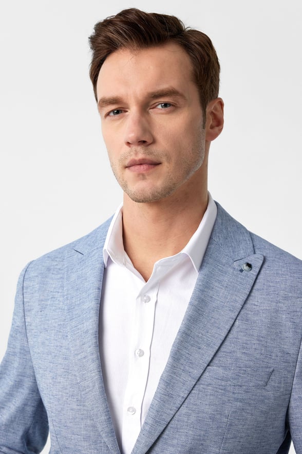 Saks Mavi Slim Fit Desenli Sivri Yaka 6 Drop Ceket