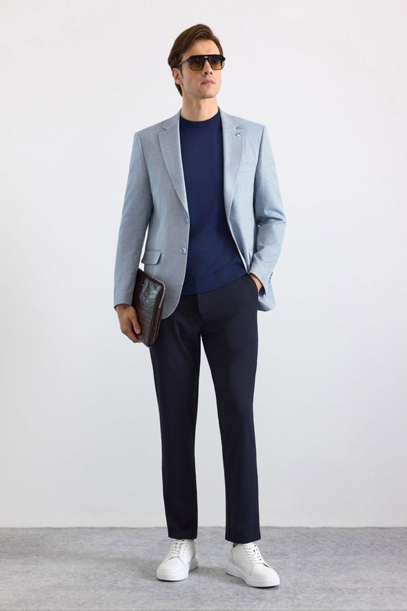 Saks Mavi Slim Mono Yaka Torba Cep 6 Drop Klasik Ceket