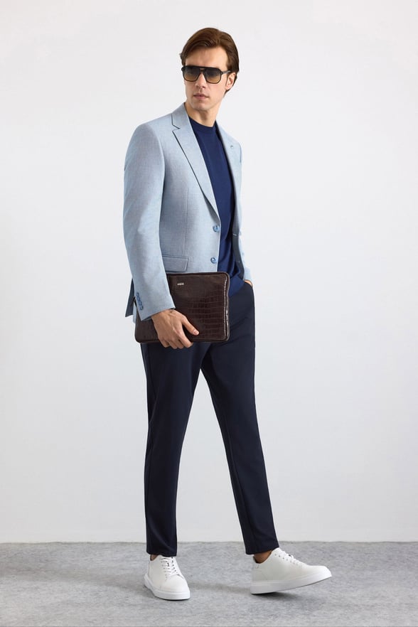 Saks Mavi Slim Mono Yaka Torba Cep 6 Drop Klasik Ceket