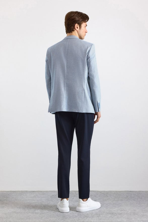 Saks Mavi Slim Mono Yaka Torba Cep 6 Drop Klasik Ceket