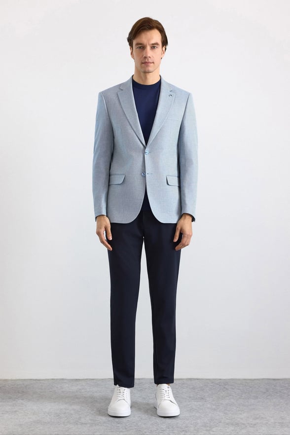 Saks Mavi Slim Mono Yaka Torba Cep 6 Drop Klasik Ceket