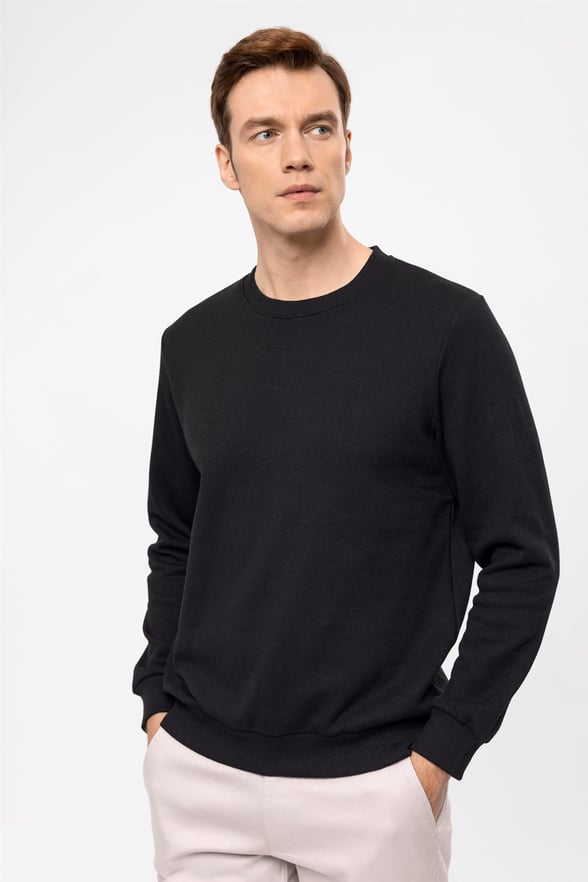 SİYAH 10 Regular Armürlü O Yaka  Sweatshirt