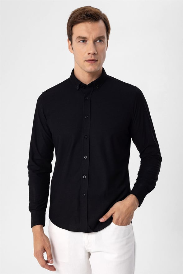 SİYAH 10 Slim Armürlü Düğmeli Yaka  Gömlek