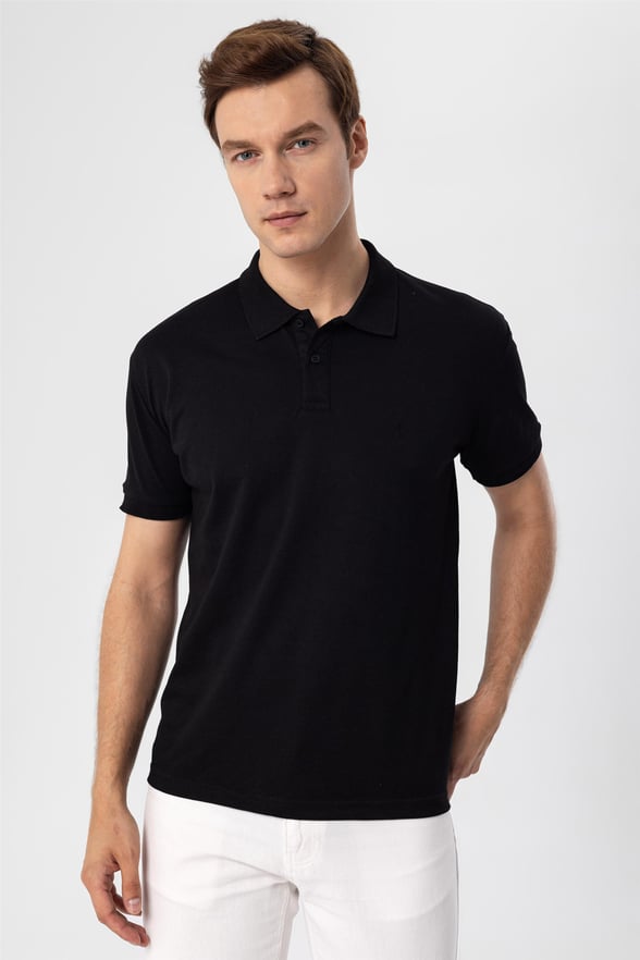 Siyah Regular Armürlü Polo Yaka  Tişört