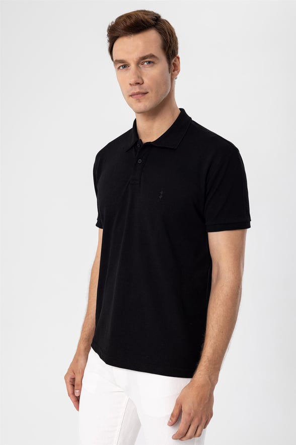 Siyah Regular Armürlü Polo Yaka  Tişört